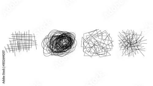Random chaotic scribble lines collection pencil art set. Abstract random line scribble vector elements including various messy and random lines for design,	
