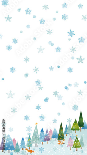 水彩風 冬のかわいい樹々と雪とキタキツネのいる風景(16:9)縦 Winter Series:Watercolor winter landscape with cute trees, snow and red foxes