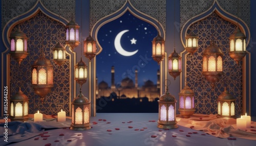 Muslim arab greeting ramadan holiday ei arabic islam holy lantern light background moon crescent symbol Muslim arab greeting festive islam holiday lantern backgroun cast light ramadan ei night arabic