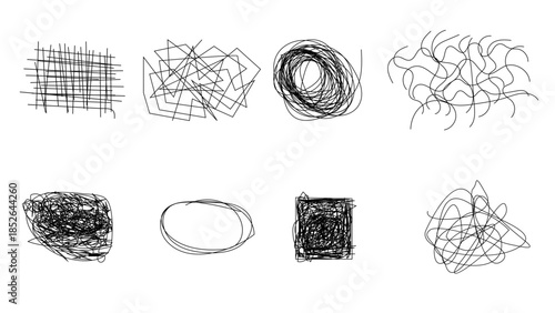 Random chaotic scribble lines collection pencil art set. Abstract random line scribble vector elements including various messy and random lines for design,	
