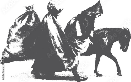 Horse and riders wearing cloaks with bags. Black and white vector illustration showcasing a classic outdoor journey in a scenic setting.