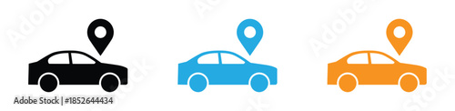 Automobile with a map location pin icon representing vehicle tracking GPS navigation or finding a saved car parking spot. Colorful car location icons for navigation and tracking purposes.