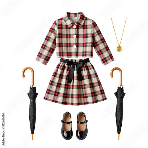 Stylish plaid dress with umbrellas and accessories