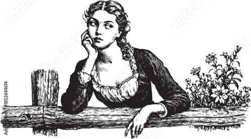 Engravings of a thoughtful girl in a vintage style. Detailed black and white vector illustration featuring floral elements.
