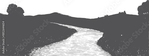 Landscape illustration featuring a flowing river through hills and trees in black and white. A simple vector design captures the essence of nature.