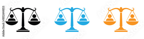 Scales of justice with people icons in balance. Scales Of Justice Line And Solid Icon Set. Legal Balance, Fairness, And Equality Symbol Collection. Law And Justice Representation. 