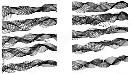 A large set of abstract smooth wavy line blends isolated on a transparent background. Dynamic gradient color wave line blend for a design element. Abstract twisted curve lines with blend effect.