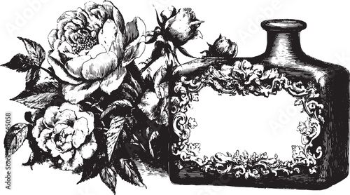 Rose flower design with a vintage frame. Black and white botanical vector illustration featuring detailed ornamentation in classic style.