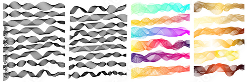 A large set of abstract smooth wavy line blends isolated on a transparent background. Dynamic gradient color wave line blend for a design element. Abstract twisted curve lines with blend effect.