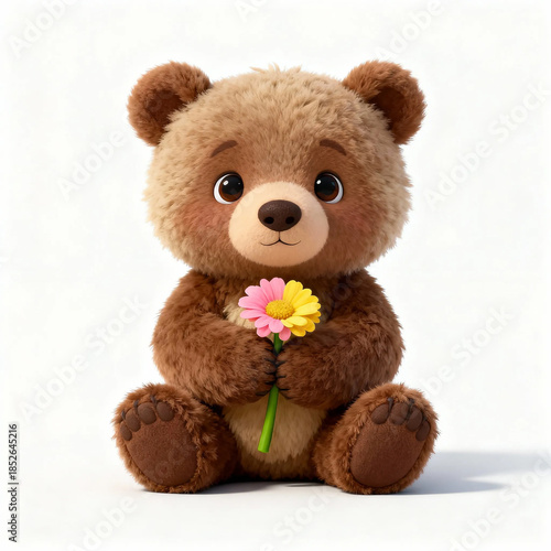A cute teddy bear is holding a flower in his paws. artificial intelligence generator, AI, neural network image. background for the design