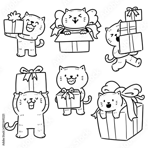 vector set of cat and gift