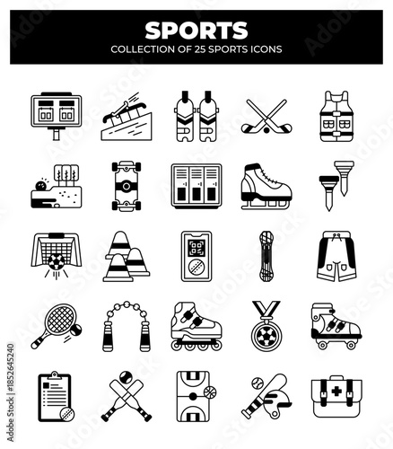 Collection of 25 Sports Icons. Sport Equipment. Uniforms. and Scoreboard