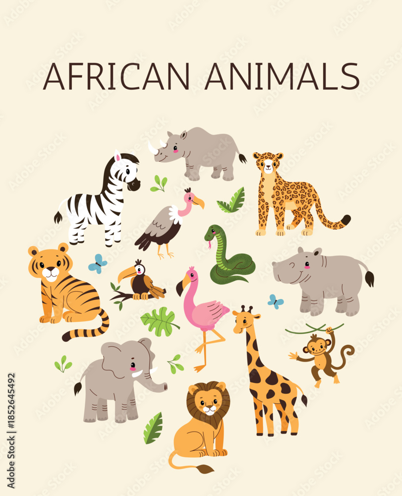 Obraz premium African animals in kids style. A set of animals on a white background, a clipart.Vector cartoon flat illustration