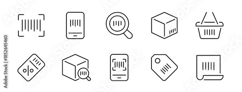Barcode and Shopping Icon Set Featuring Product Scan Discount Tag and Retail Elements in a Simple Line Style Vector Illustration