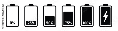 Battery charge level indicators set displaying different states from empty to full, including charging icon, suitable for UI UX design and power management