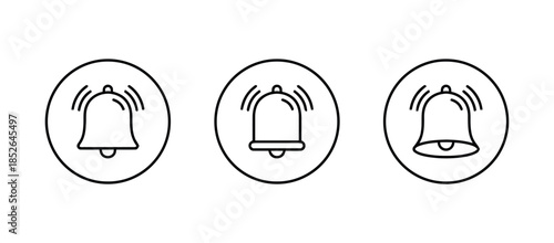 Bell ringing alarm notification in circle round vector set Ring alert information symbol danger icon ui ux metallic shiny silver bronze copper outline