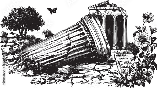 Ancient column lying among flowers and trees in a black and white vector illustration. Historical architecture in a nature landscape set.