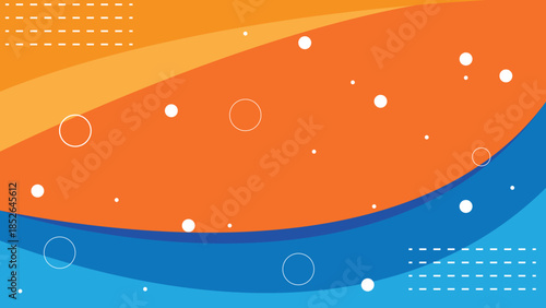 Vibrant orange and blue abstract background with white bubbles and dots. abstract creative design with blue diagonal stripes pastel pink wavy layers light blue diamond patterns modern minimal vector.