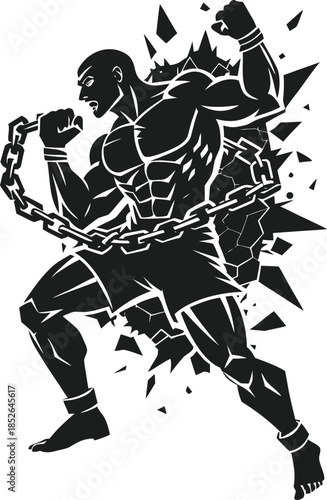 Muscular man breaking chains
