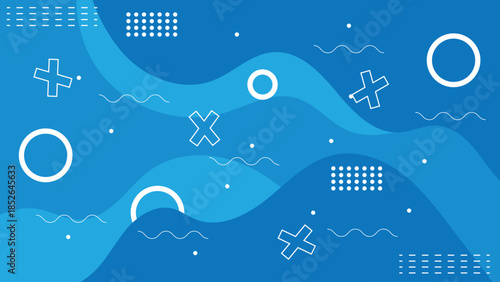abstract blue geometric memphis background with wave shapes and minimal symbols modern flat design for web ui branding and creative templates