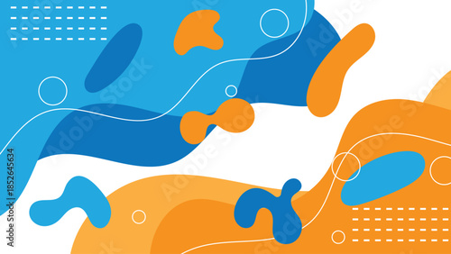 Vibrant abstract art with swirling blue and orange shapes and lines on white background. abstract fluid organic shapes background in vibrant blue and orange with wavy layers circles and dotted lines m