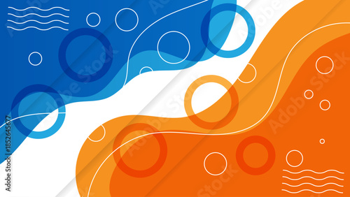 Vibrant abstract background with blue and orange swirling shapes and circles. abstract blue and orange fluid waves background with overlapping circles and wavy lines modern vibrant playful vector desi