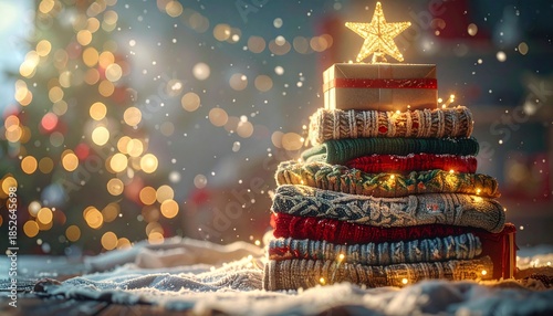 Christmas tree with gift. used clothes for Christmas as present decorated with lights