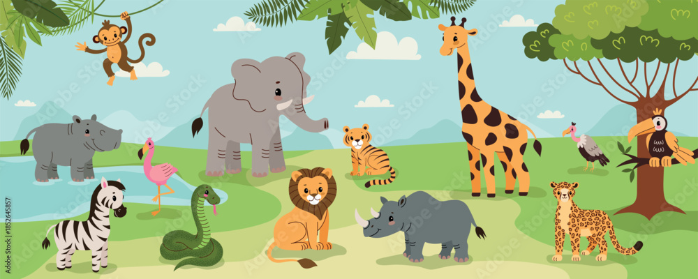Naklejka premium African animals in kids style. A set of animals with savannah background, a clipart.Vector cartoon flat illustration