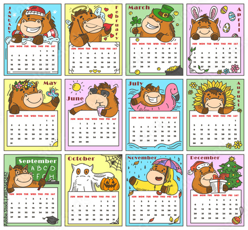 2026 horse monthly calendar vector isolated. Illustration of a funny cute horse on schedule planner. Year of a fire horse. Template for every month - January, February, March etc. Cute animal on a pos