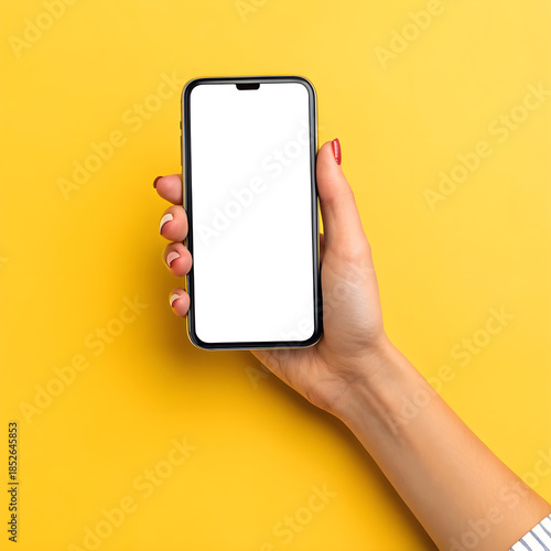 Woman holding smart phone with blank screen on yellow background