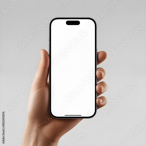 Hand Holding Mobile Phone with White Screen, Corporate Office Background