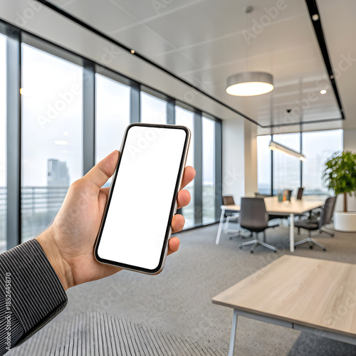 Hand Holding Mobile Phone with White Screen, Corporate Office Background