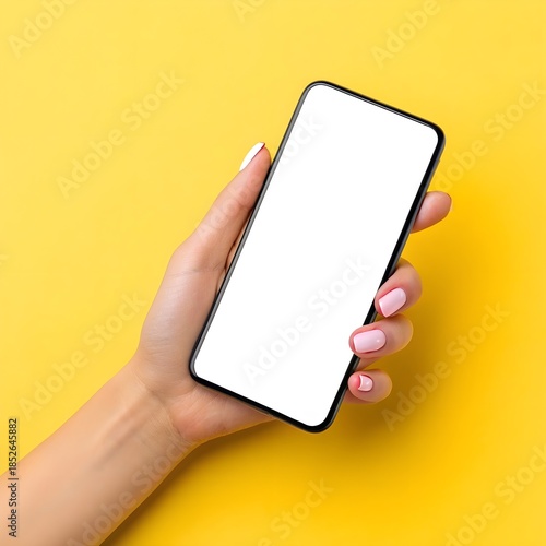 Woman holding smart phone with blank screen on yellow background