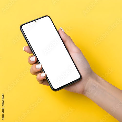 Woman holding smart phone with blank screen on yellow background