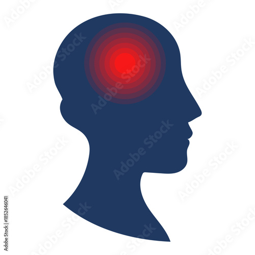 Headache vector isolated. Illustration of a painful area in body. Silhouette of a head with a red dot as a symbol of migraine. Emotional stress, concept of neurology and medicine. Mental illness.