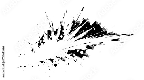 Abstract black and white ink splash with sharp radiating lines and grunge texture.