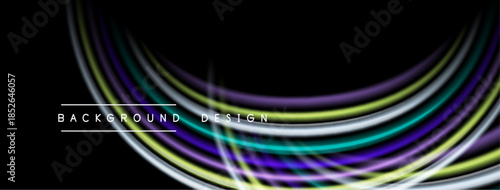 Abstract flowing lines create vibrant background. Curves radiate from center, purple, teal, white hues dominate dark space. Text reads background design.