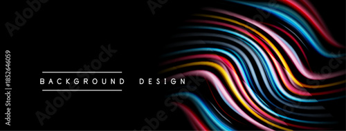Abstract flowing lines create vibrant wave pattern. Dark background emphasizes colorful design elements. Modern aesthetic.