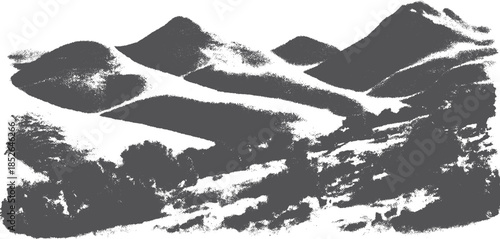 Landscape illustration featuring mountains in black and white. This artistic vector set showcases a simple scenic view with a unique texture.