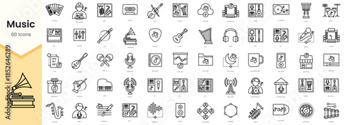 Set of music icons. Simple line art style icons pack. Vector illustration