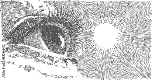Eye with rays of sun in a detailed black and white vector illustration. Intricate design featuring fine lines and texture.