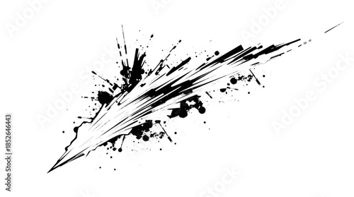 A dynamic black ink splash with a sharp, streaking motion and scattered droplets on a white background.