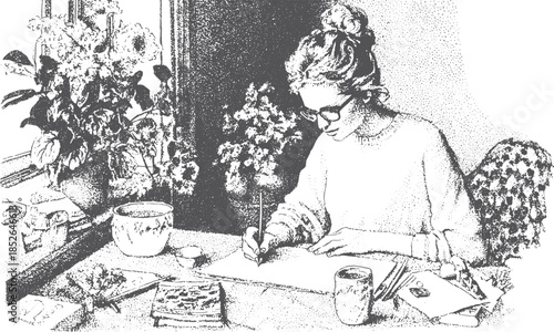 A woman writing at a table with plants. Stylish indoor workspace with a vector illustration for a creative set.