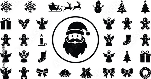 Christmas holiday icon set with Santa Claus snowflakes gifts angels trees cookies and festive symbols isolated black vector illustration