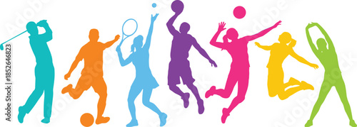 Colorful sport silhouettes of active people jumping running and playing games showing fitness teamwork energy isolated vector illustration