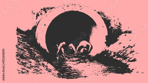 People in a tunnel interacting with water. Grunge illustration with a black and white contrast against a pink background, featuring an urban scene set vector.