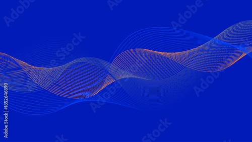 Abstract wavy mesh pattern on a solid blue background with orange hues. abstract sound wave visualization with flowing blue orange lines on deep blue background, modern tech audio waveform design