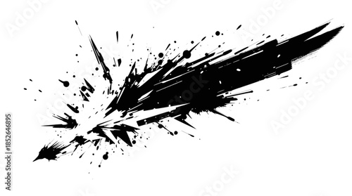 Dynamic black ink splash with sharp edges and abstract, explosive motion on a white background.