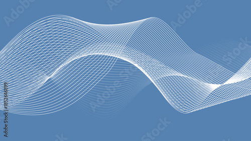 Abstract flowing lines creating a dynamic wave shape on a gradient blue background, representing movement and technology. minimal white wave lines abstract pattern on soft blue background.