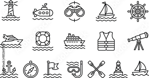Nautical maritime outline icon set with lighthouse ships sailing equipment navigation tools and sea adventure symbols isolated vector illustration